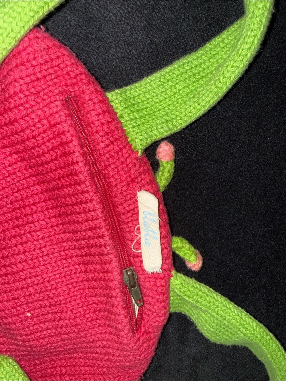Pink Ladybug Knit Kids Backpack with Lime Green Straps